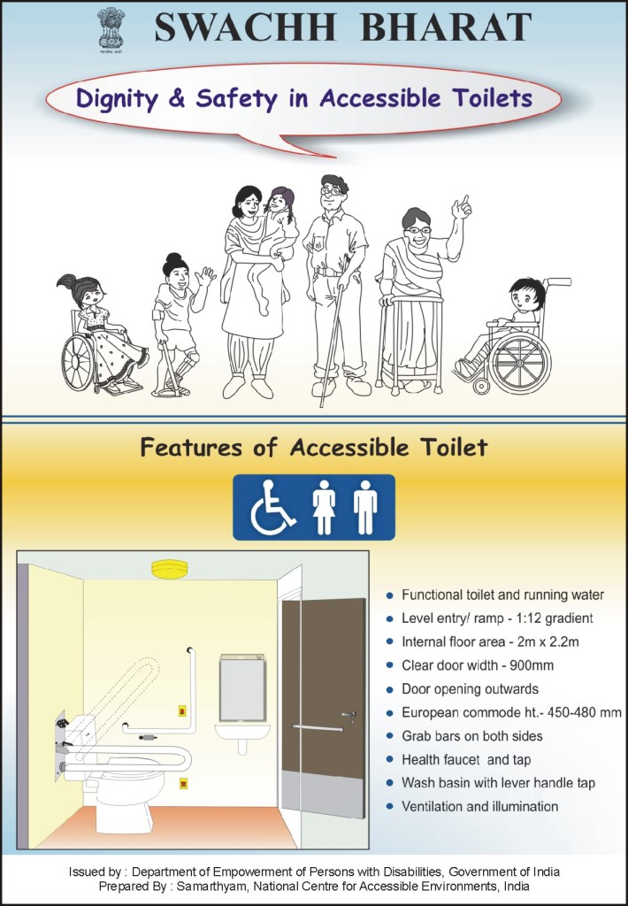 Swachh Bharat Dignity and safety in accessible toilets Feature of accessible Toilet as functional toilet and running water, level entry /ramp -1:12 gradient, internal floor area -2m*2.2m, clear door width- 900mm, door opening outwards, European commode ht. -450-480 mm ,Grab bars on both sides, Health faucet and tap, wash basin with lever handle tap ,ventilation and illumination issued by: department of empowerment  of persons with disabilities , Government of india 